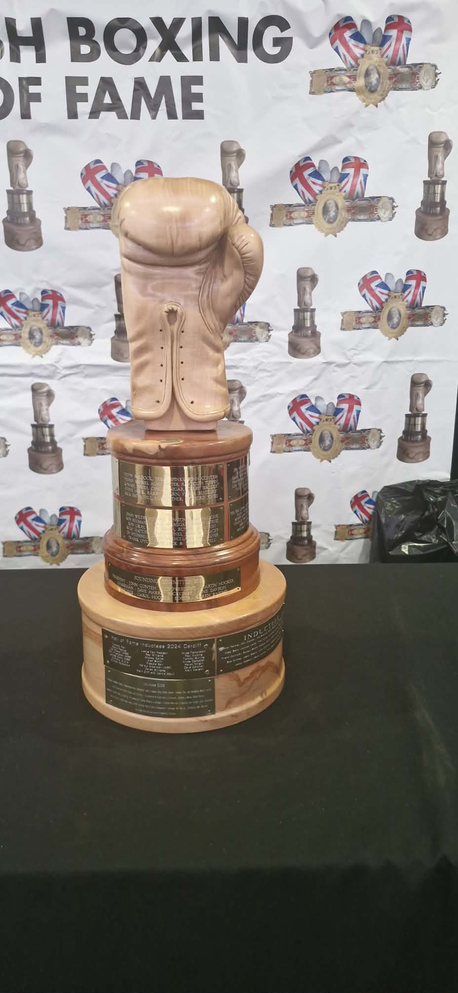 The British Boxing Hall of Fame trophy with commemorative inductee plaques